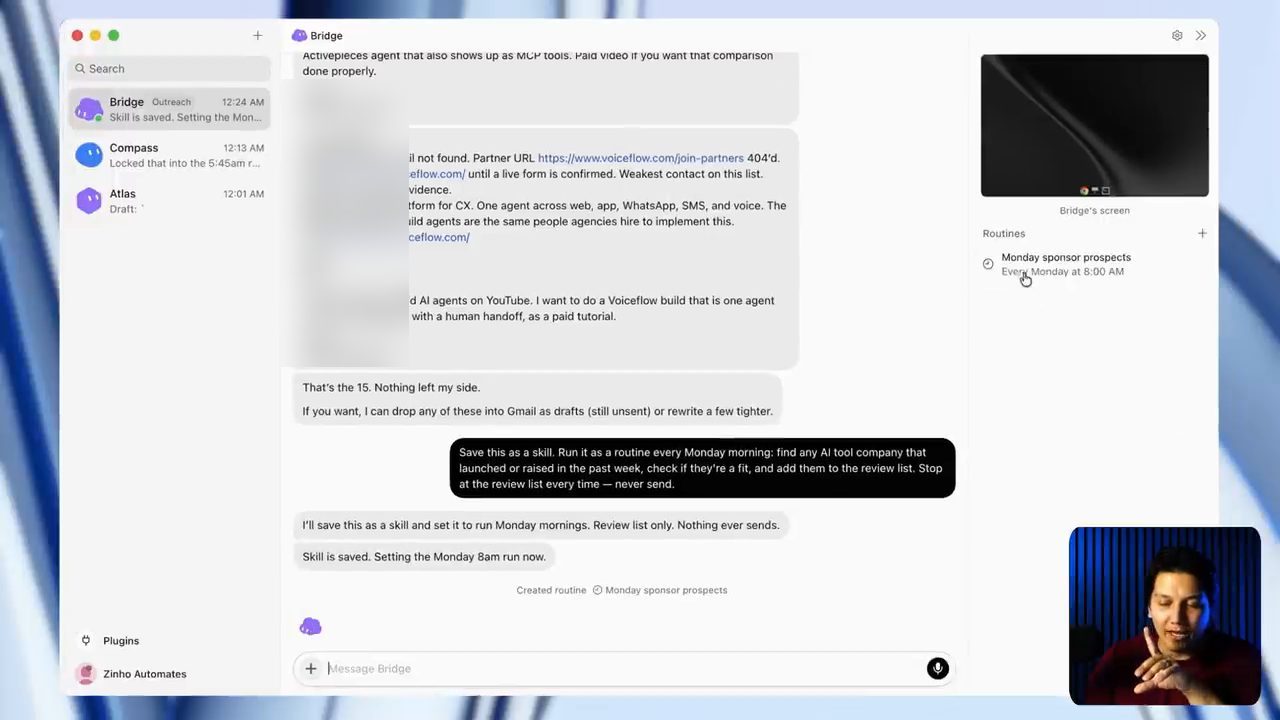 Danh sách 15 công ty tài trợ kết thúc ở Voiceflow, rồi lệnh lưu thành skill và routine Monday sponsor prospects