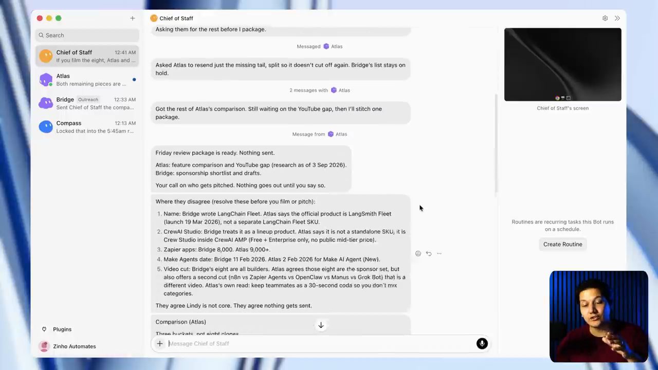 Khung chat Chief of Staff: nhắn qua lại với Atlas, gói review thứ Sáu đã sẵn sàng và danh sách chỗ hai bot bất đồng