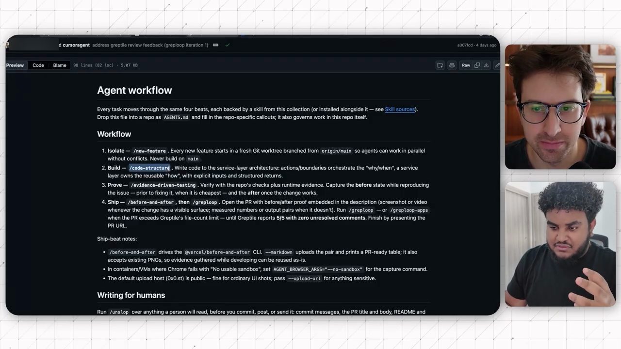File Agent workflow mở trên GitHub với bốn bước Isolate, Build, Prove, Ship