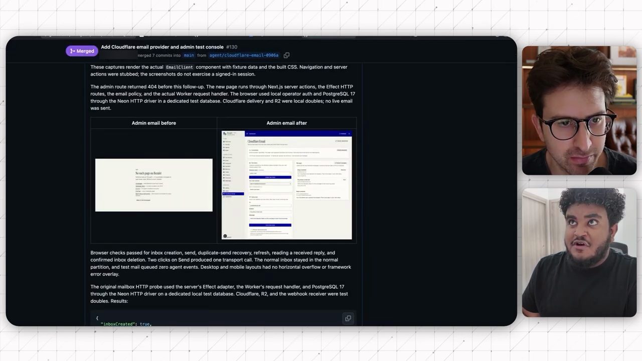 PR đã merge Add Cloudflare email provider and admin test console với bảng ảnh Admin email before và after