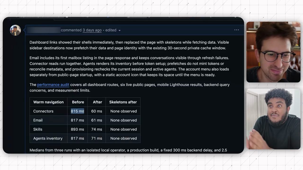 Bình luận trong PR với bảng Warm navigation Before After cho Connectors, Email, Skills, Agents inventory