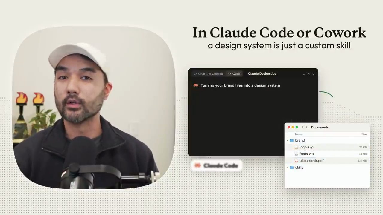 Claude Code với tác vụ Turning your brand files into a design system và thư mục brand trên máy