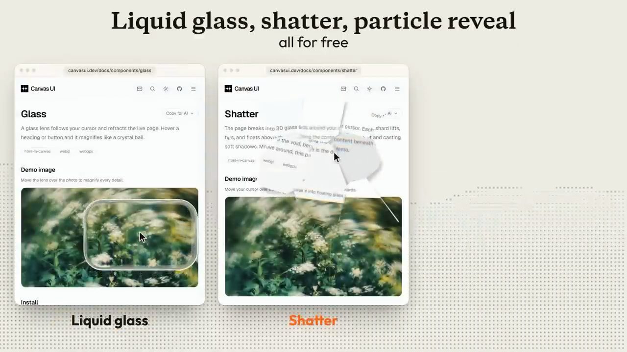 Hai trang Canvas UI: Glass và Shatter với ảnh demo