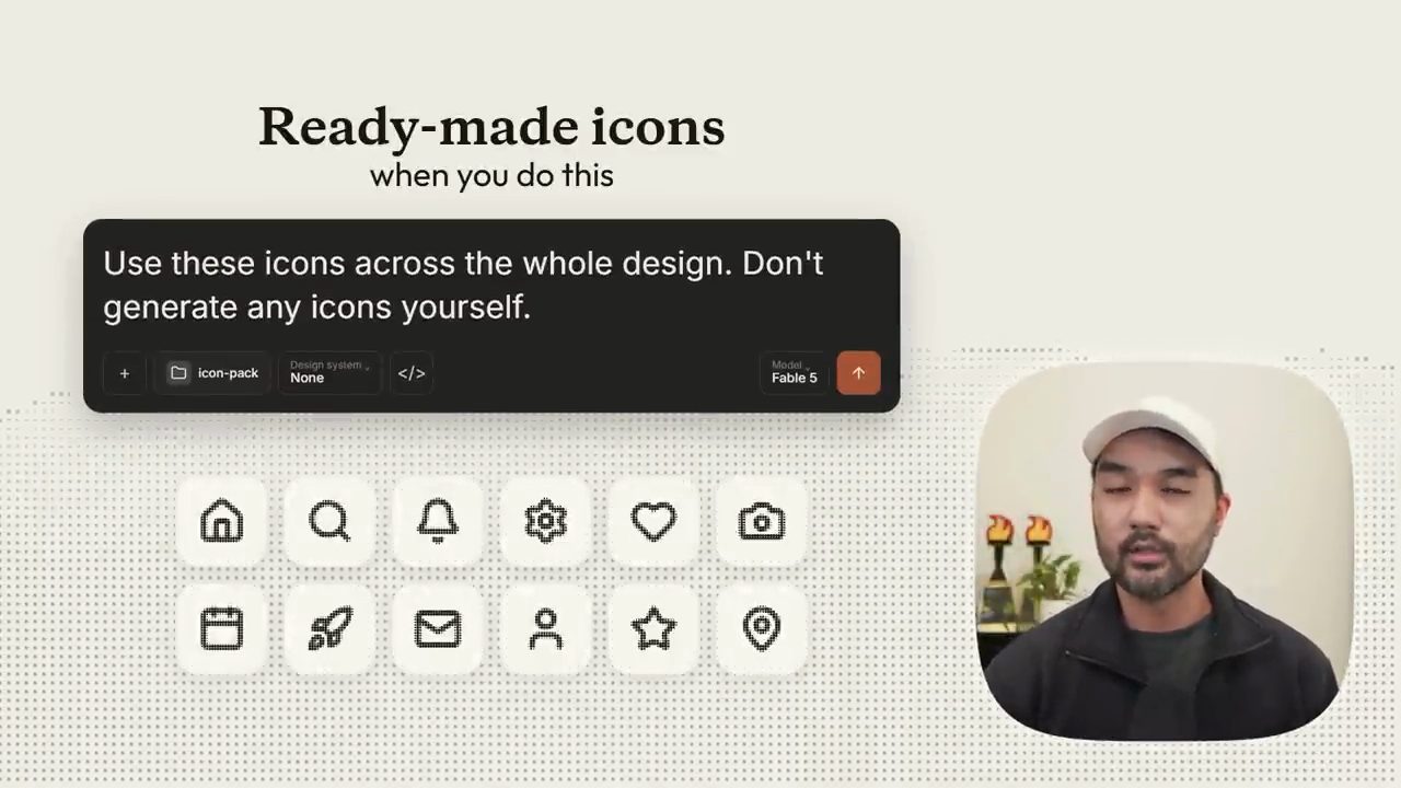 Ô prompt đính kèm thư mục icon-pack và lưới mười hai icon cùng phong cách