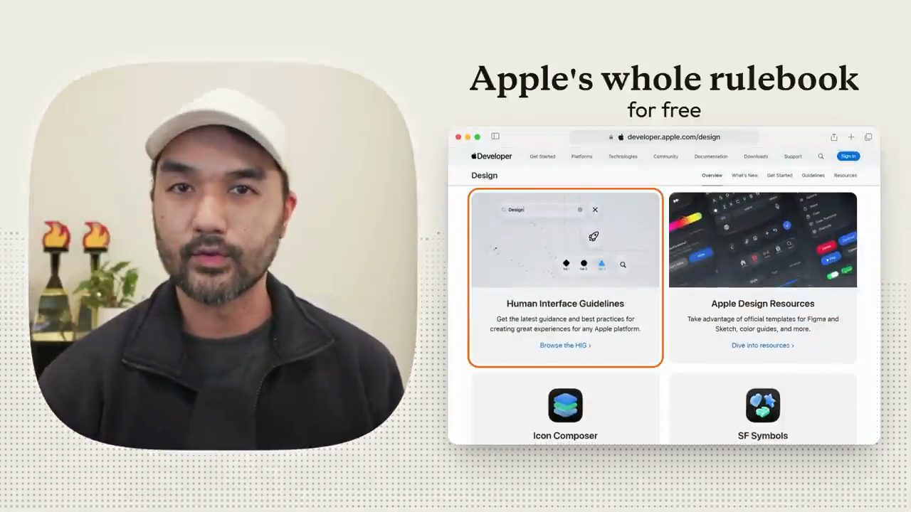 Trang developer.apple.com/design với ô Human Interface Guidelines được khoanh