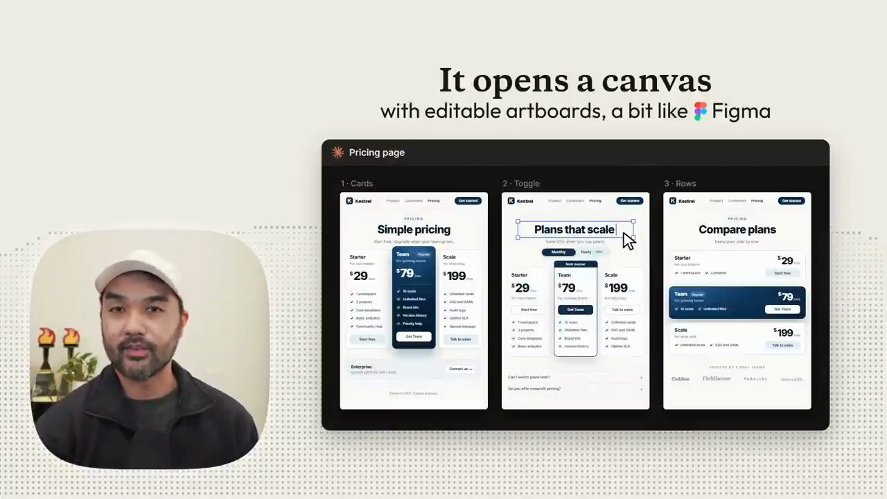 Canvas Pricing page với ba artboard Cards, Toggle, Rows
