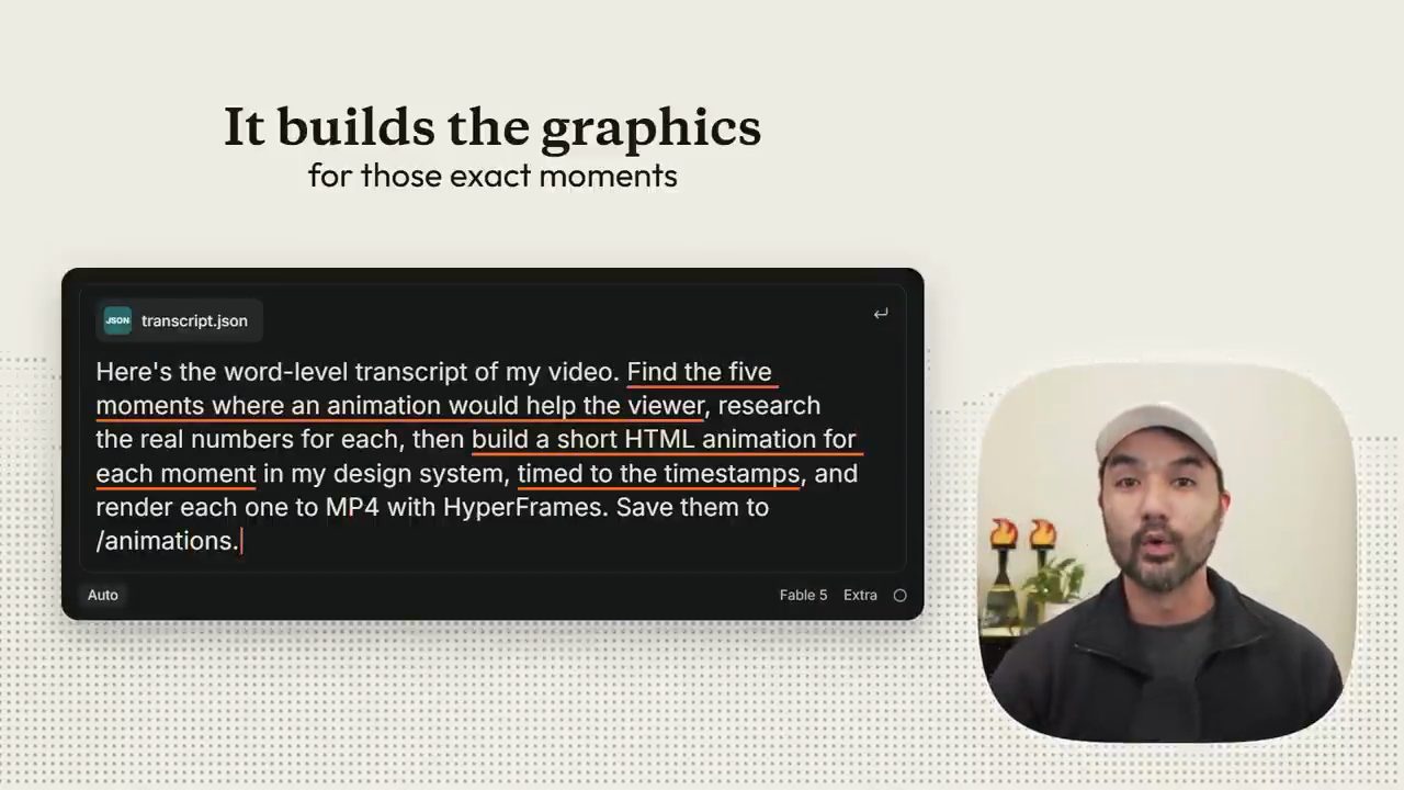 Prompt yêu cầu tìm năm khoảnh khắc cần animation và render bằng HyperFrames
