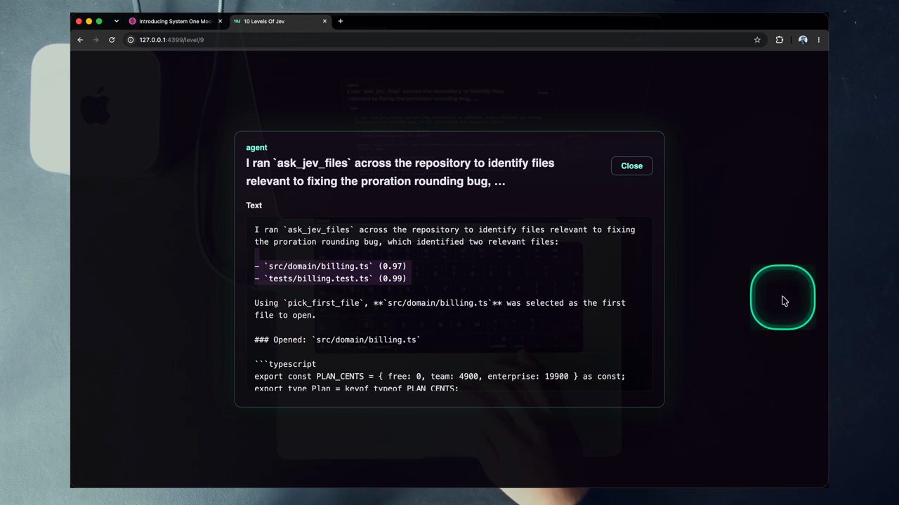 Báo cáo của agent: ask_jev_files trên toàn repo tìm ra src/domain/billing.ts (0.97) và tests/billing.test.ts (0.99), pick_first_file chọn billing.ts