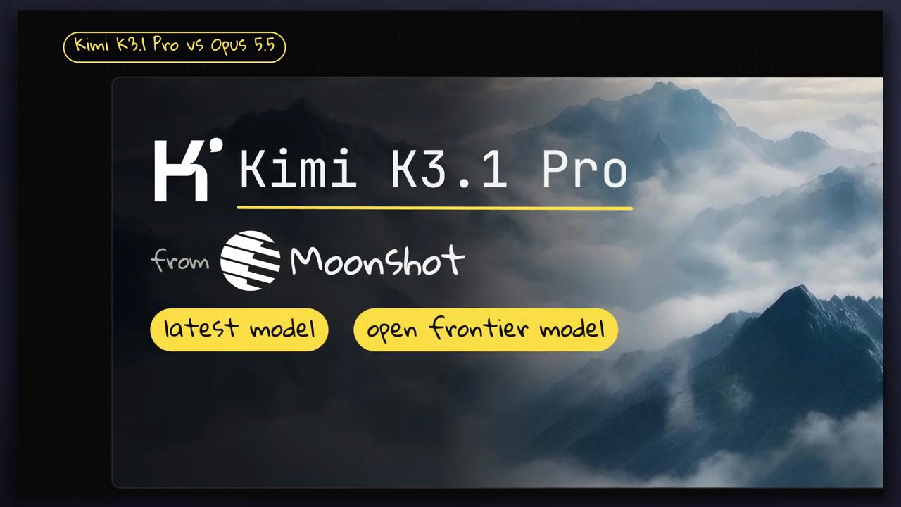 Màn hình mở đầu: Kimi K3.1 Pro from Moonshot, hai nhãn latest model và open frontier model trên nền núi mây