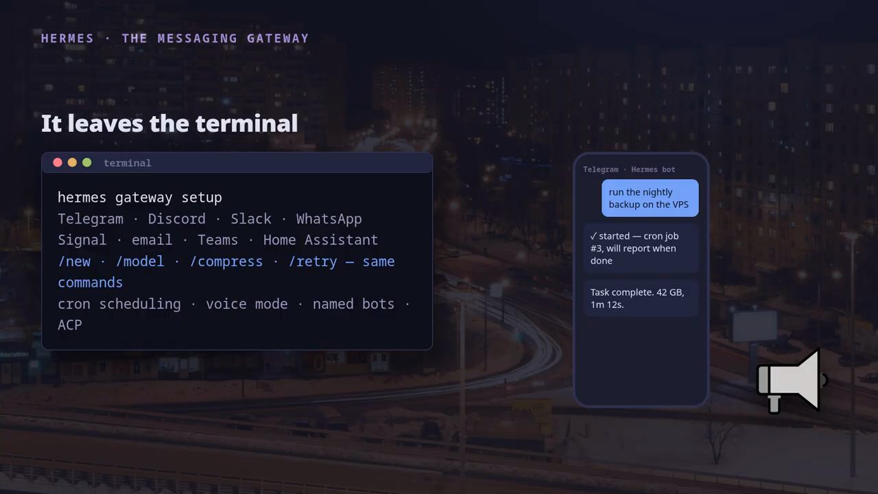 Slide It leaves the terminal: hermes gateway setup và một khung chat Telegram minh hoạ
