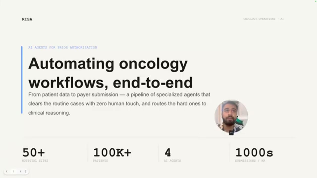 Slide mở đầu: Automating oncology workflows, end-to-end, với bốn con số của RISA