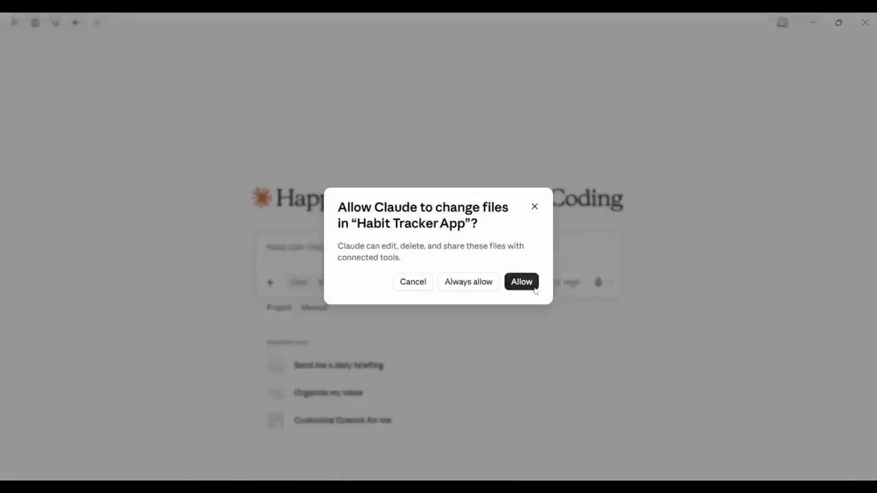 Hộp thoại Allow Claude to change files in Habit Tracker App với các nút Cancel, Always allow, Allow