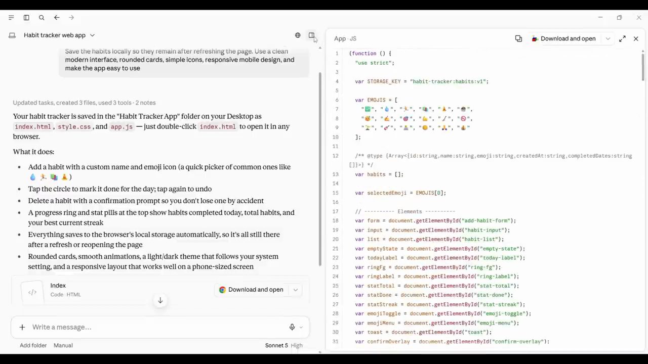 Câu trả lời của Claude liệt kê ba file đã tạo và mục What it does, bên phải là code app.js