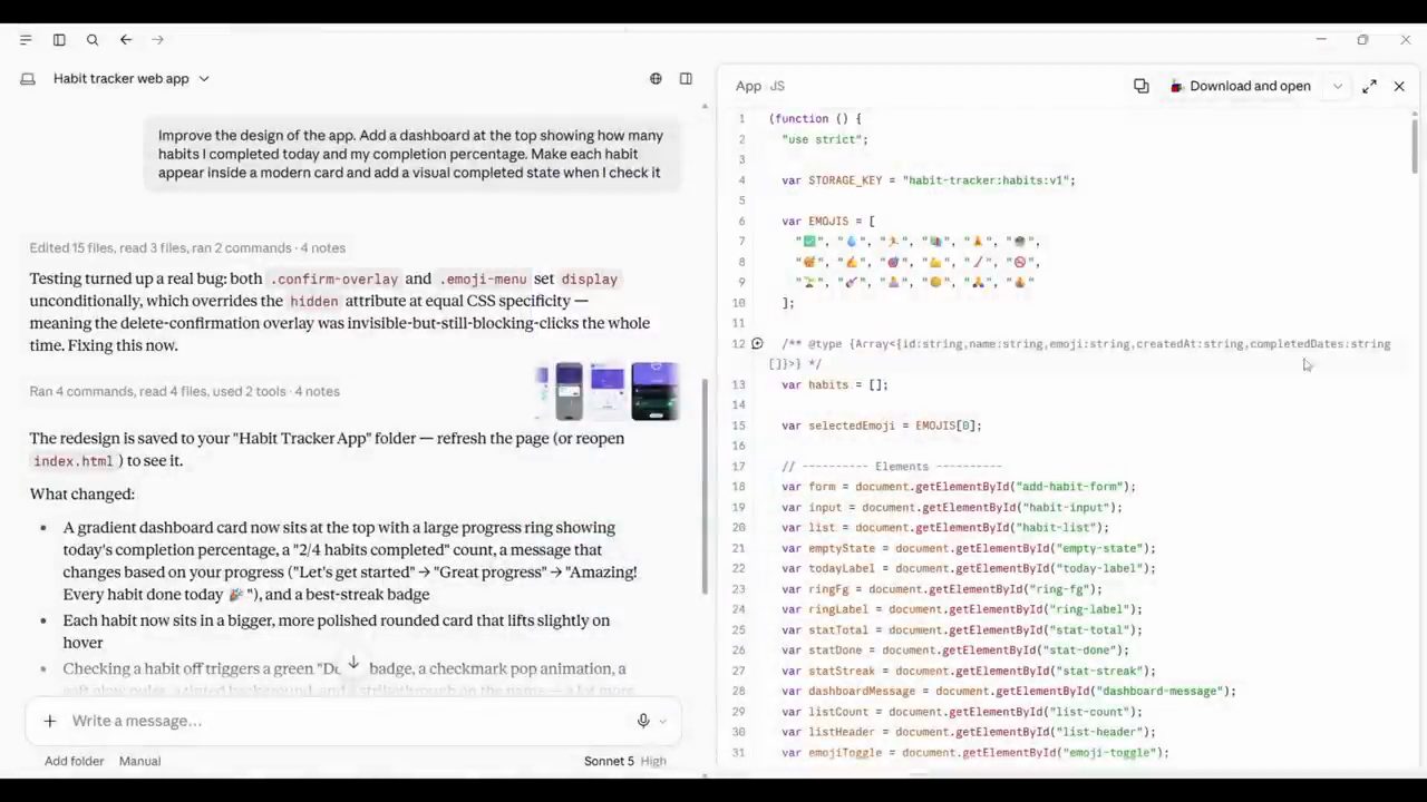 Câu trả lời của Claude sau prompt cải thiện design: bug confirm-overlay và danh sách What changed