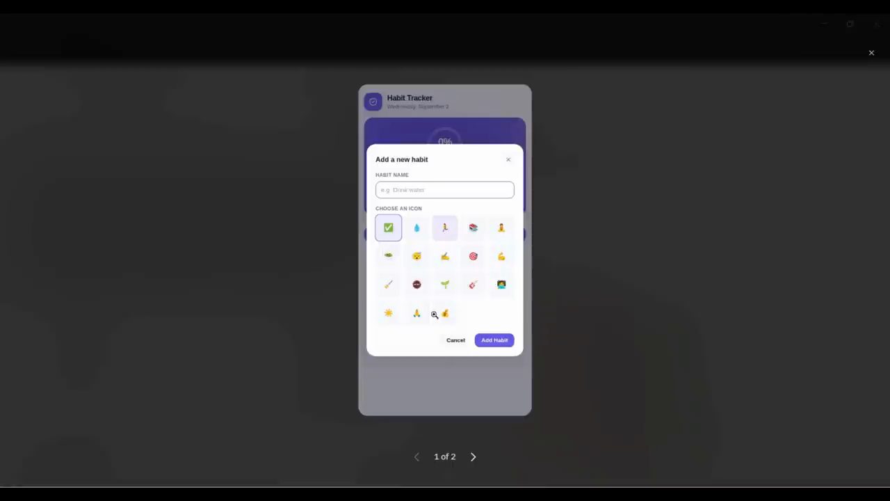 Form Add a new habit với ô Habit name và lưới Choose an icon