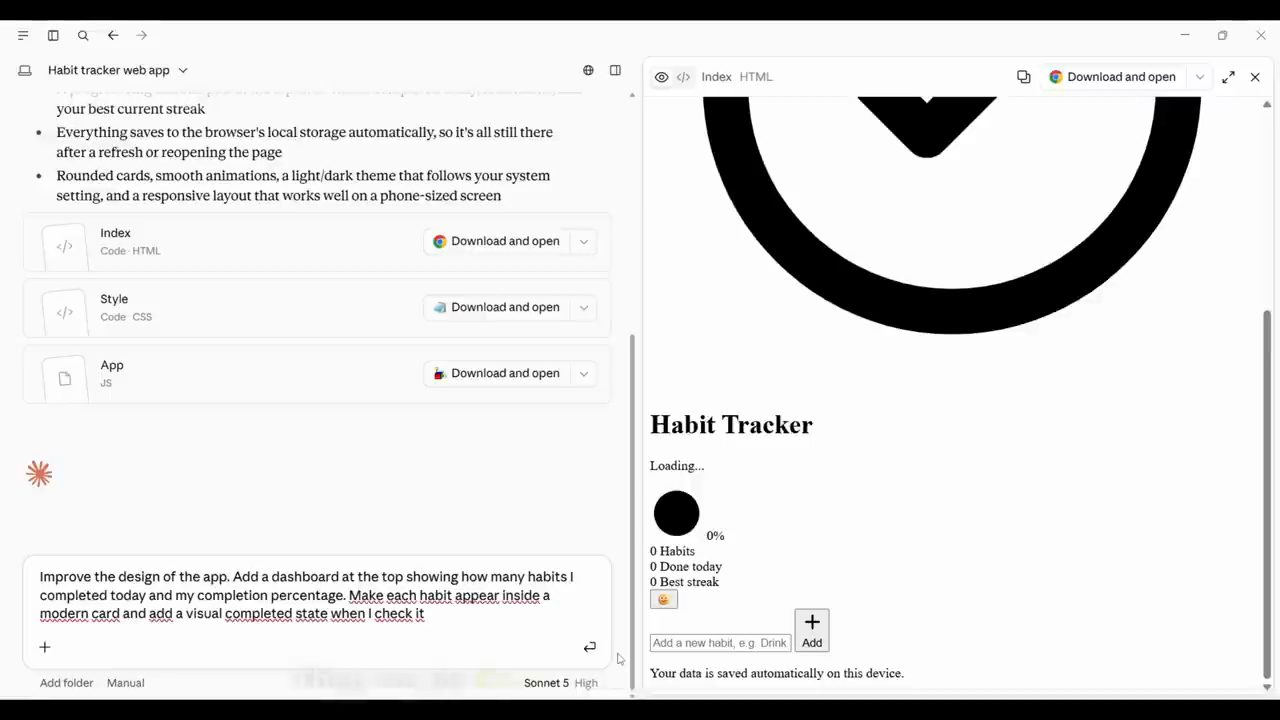 Khung xem trước index.html chưa có style, ô chat đang gõ prompt Improve the design of the app