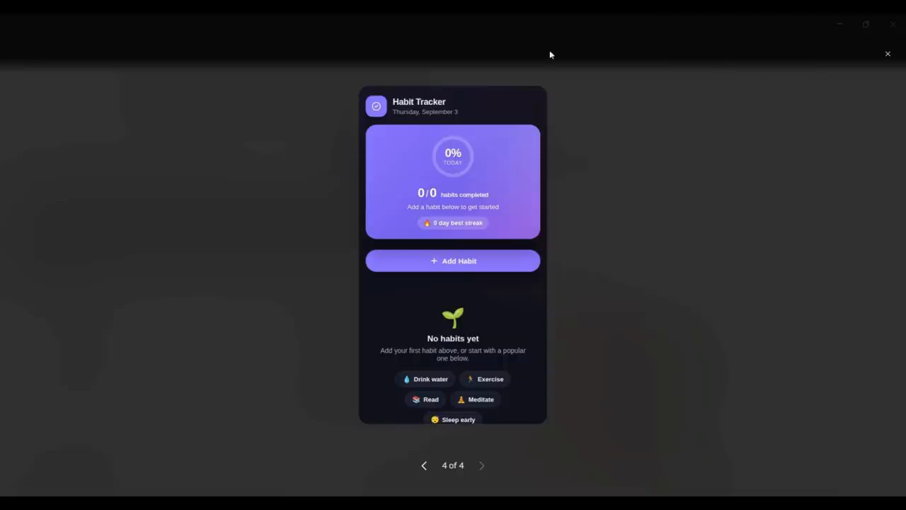 Habit tracker ở chế độ tối, màn hình No habits yet với năm nút gợi ý