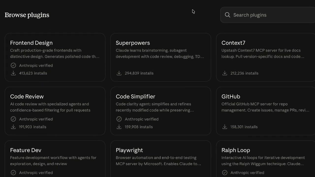 Trang Browse plugins với các thẻ Frontend Design, Superpowers, Context7, Code Review, Code Simplifier, GitHub