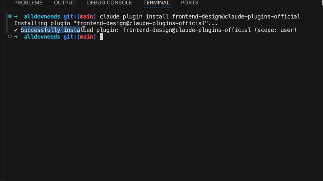 Terminal: claude plugin install frontend-design@claude-plugins-official, Successfully installed plugin