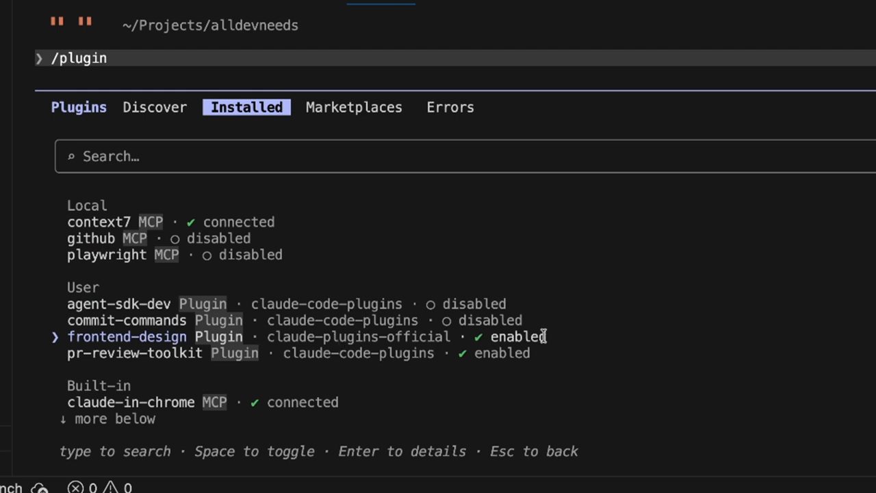 Giao diện /plugin, tab Installed, frontend-design Plugin từ claude-plugins-official đang enabled