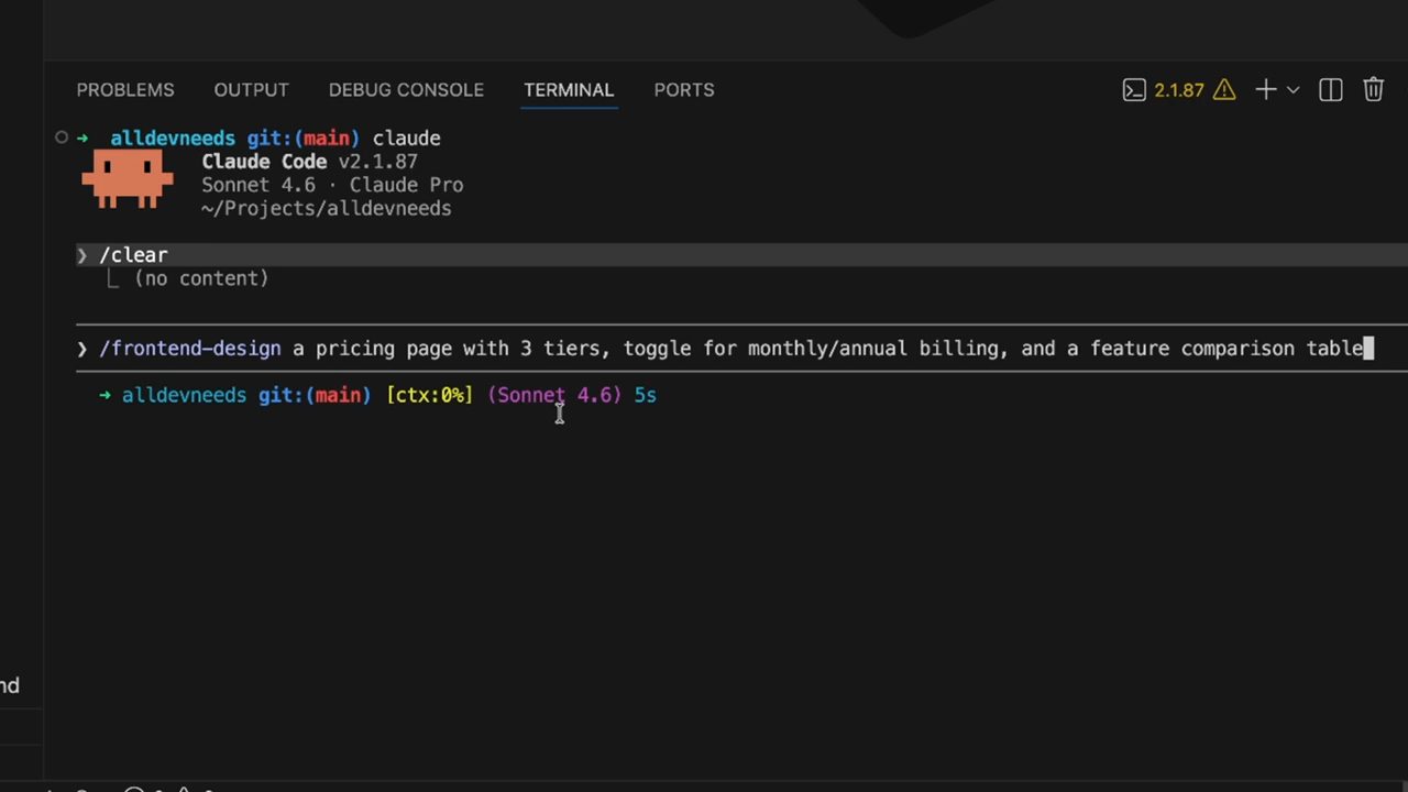 Claude Code v2.1.87 với lệnh /frontend-design a pricing page with 3 tiers