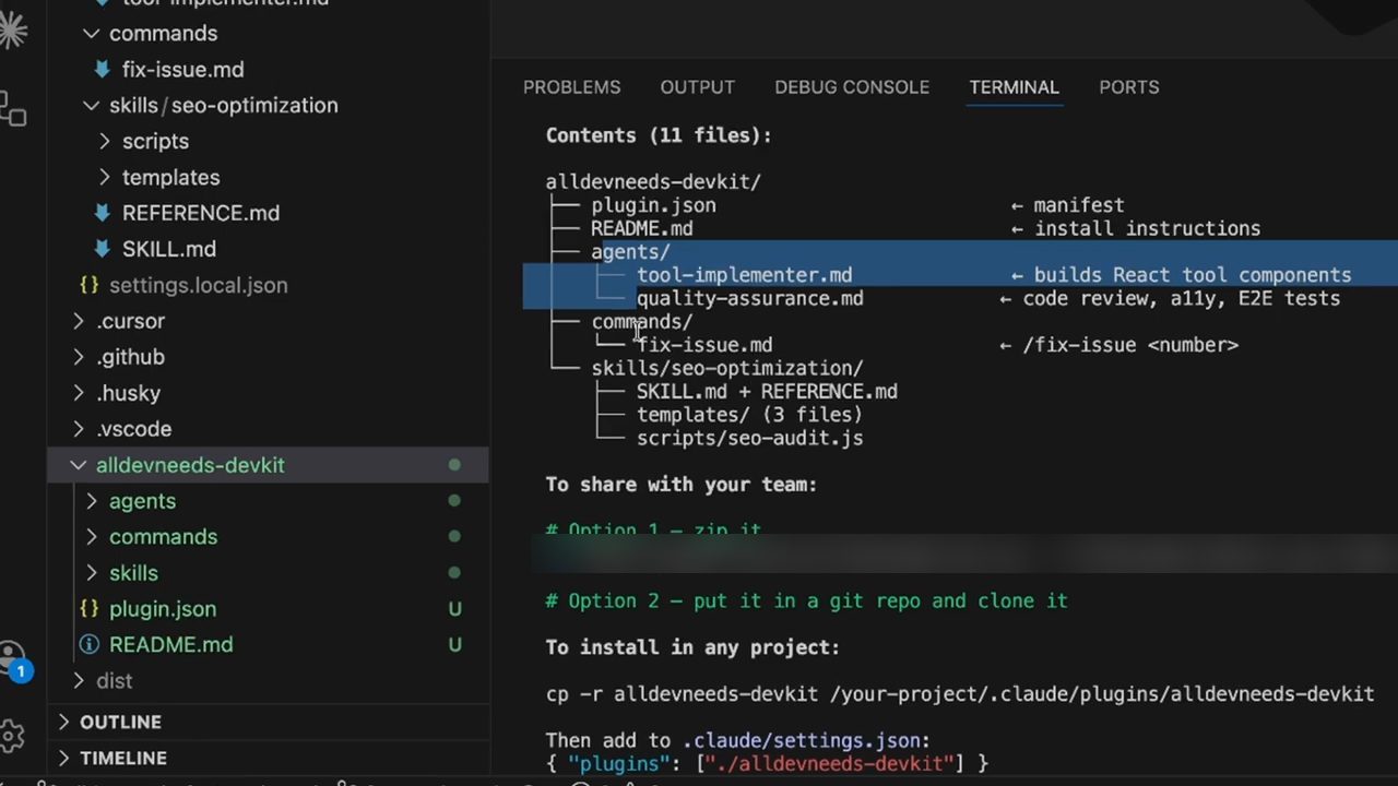 Kết quả Claude Code: alldevneeds-devkit với plugin.json, README.md, agents, commands, skills và hướng dẫn chia sẻ
