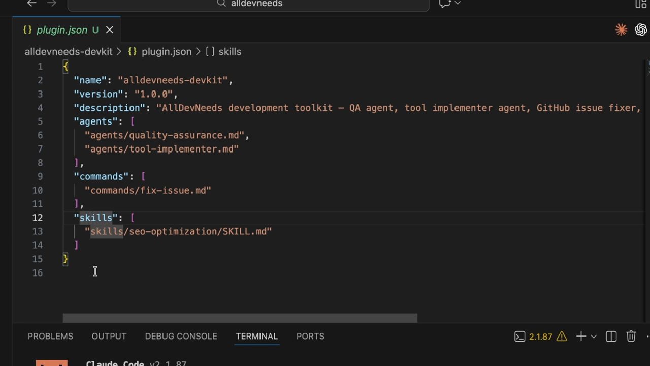 Nội dung plugin.json: name alldevneeds-devkit, version 1.0.0, description, agents, commands, skills
