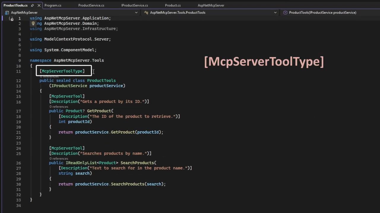 ProductTools.cs với attribute McpServerToolType được đóng khung, hai method GetProduct và SearchProducts có McpServerTool và Description