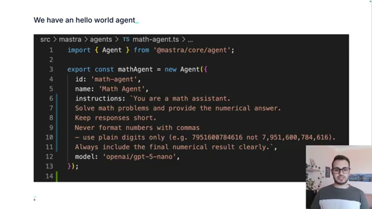 Code TypeScript của mathAgent viết bằng Mastra