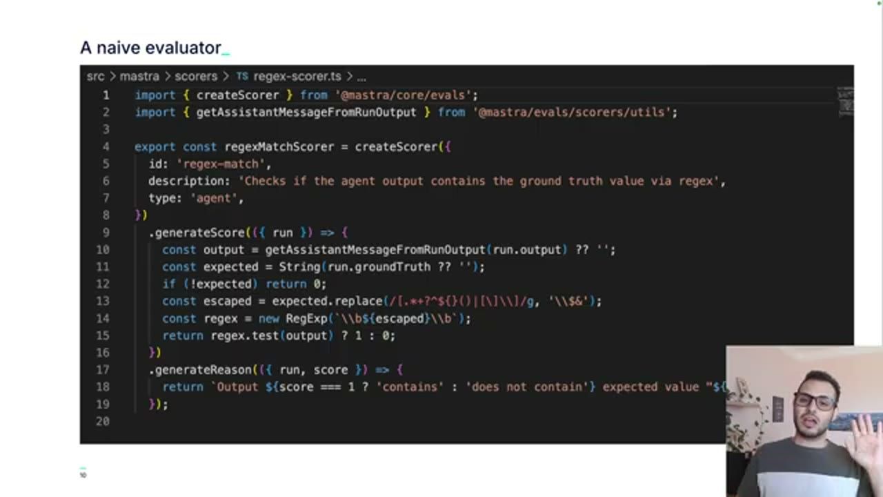 Code regexMatchScorer dùng createScorer của Mastra