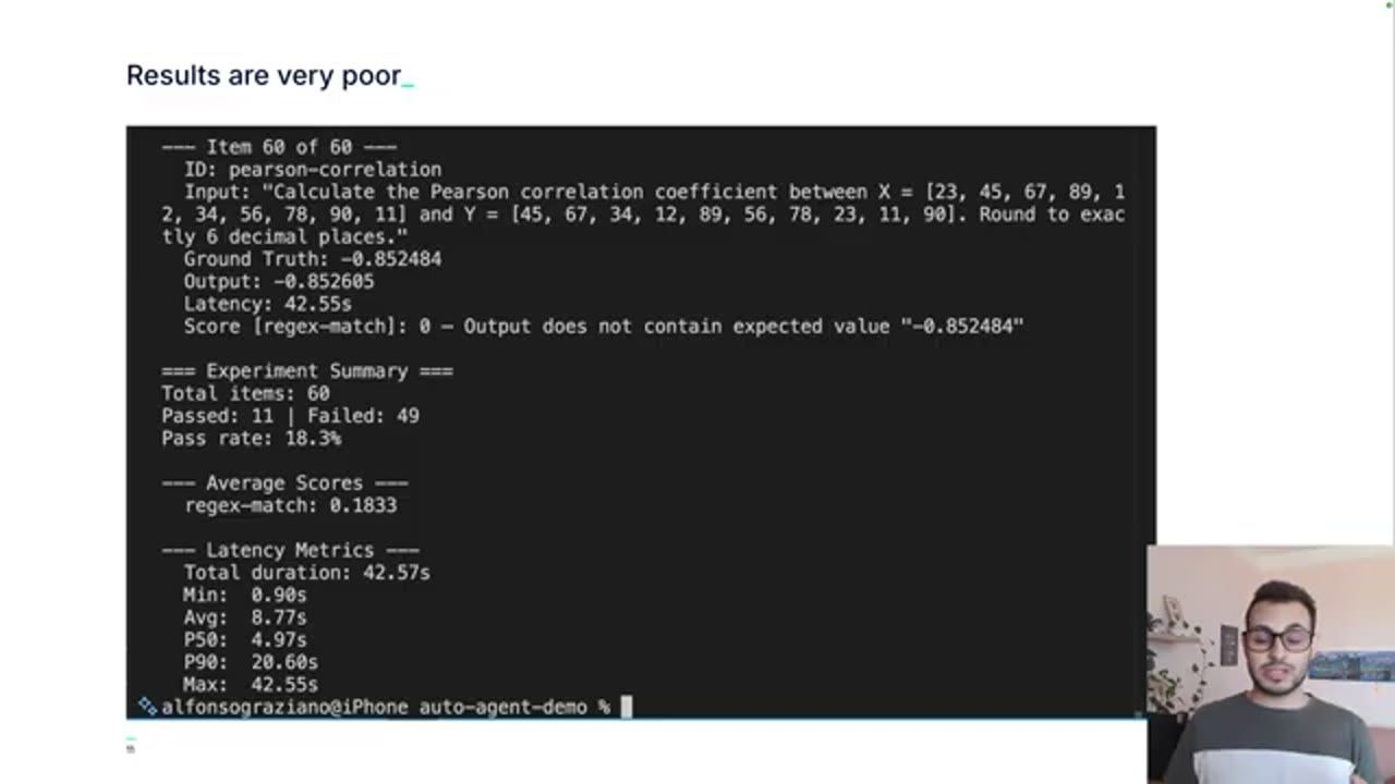 Terminal kết quả eval: Passed 11, Failed 49, Pass rate 18.3%