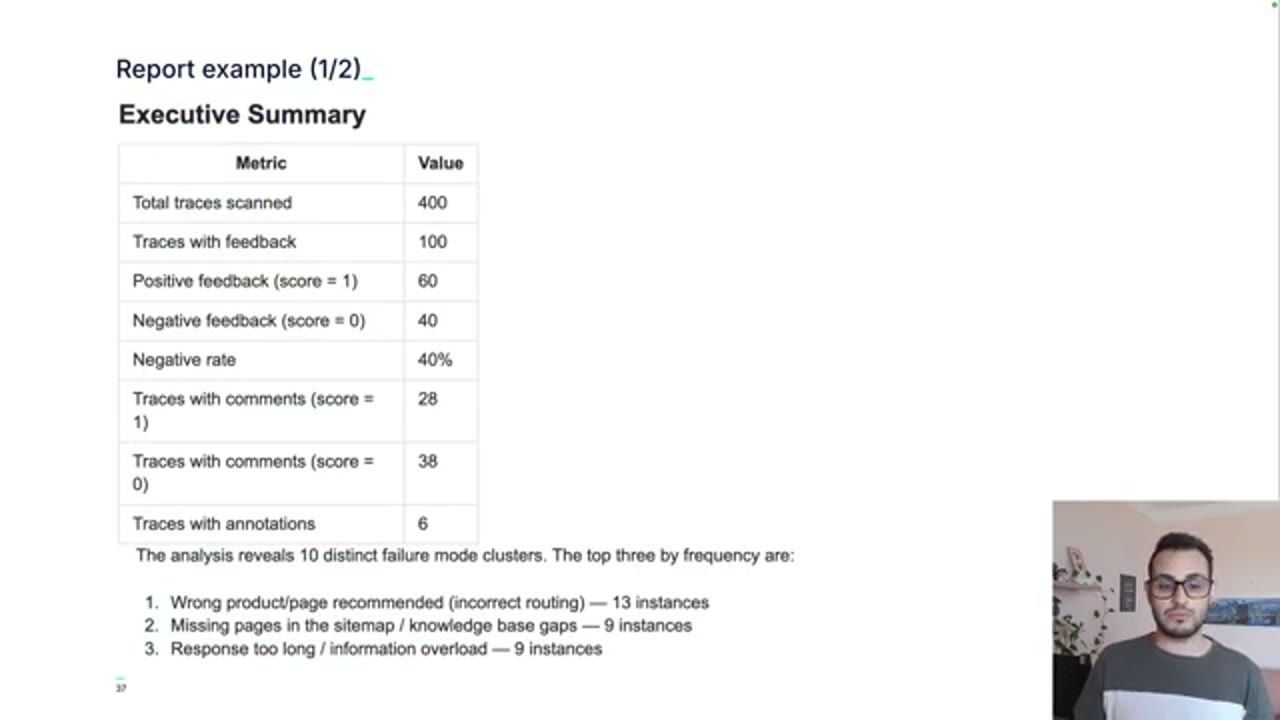 Report example phần Executive Summary với bảng metric