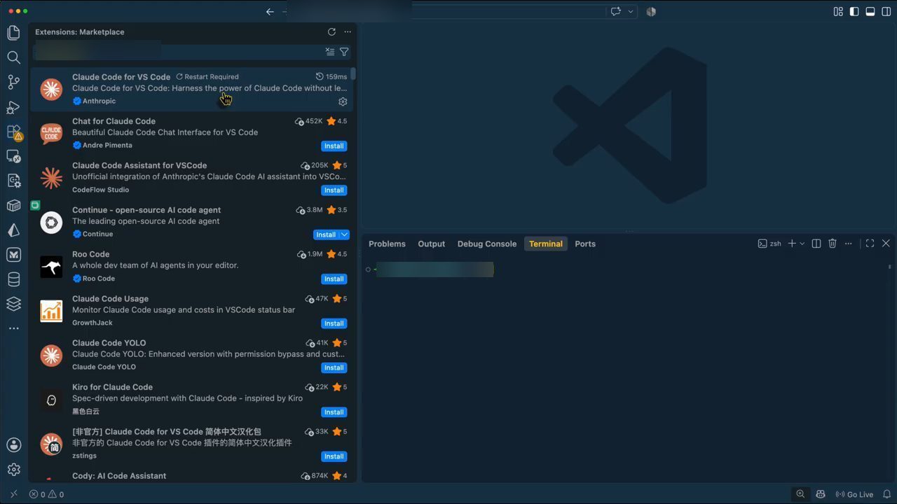 VS Code Extensions Marketplace tìm claude code, kết quả đầu là Claude Code for VS Code của Anthropic