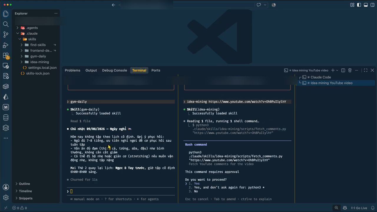 Hai phiên Claude Code song song: gym-daily trả lời ngày nghỉ, idea-mining chờ duyệt lệnh python3