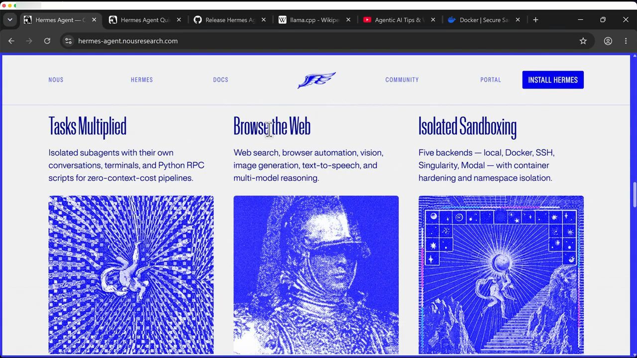 Trang hermes-agent.nousresearch.com với ba mục Tasks Multiplied, Browse the Web, Isolated Sandboxing