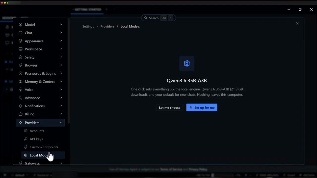 Settings, Providers, Local Models: Qwen3.6 35B-A3B với hai nút Let me choose và Set up for me