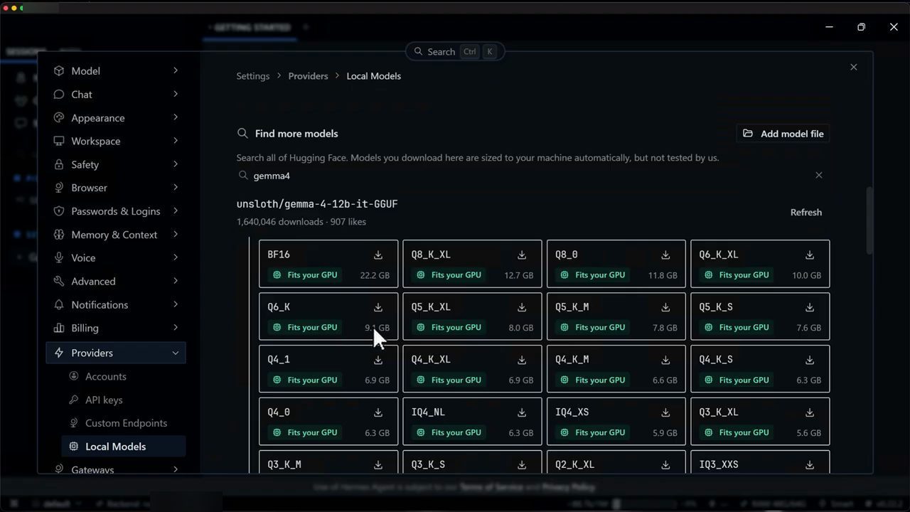 Kết quả tìm gemma4: unsloth/gemma-4-12b-it-GGUF với lưới các bản quantization, bản nào cũng gắn Fits your GPU