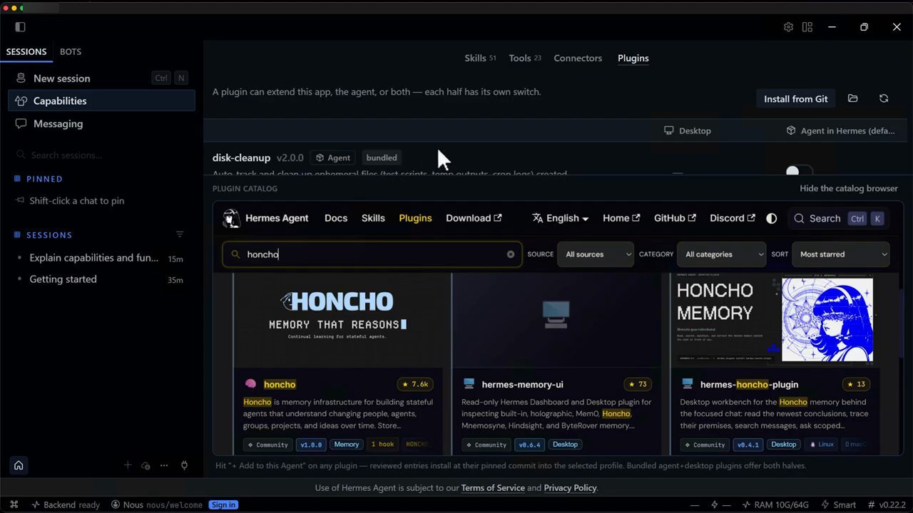 Capabilities, Plugins: plugin catalog tìm honcho, ra các thẻ honcho, hermes-memory-ui, hermes-honcho-plugin