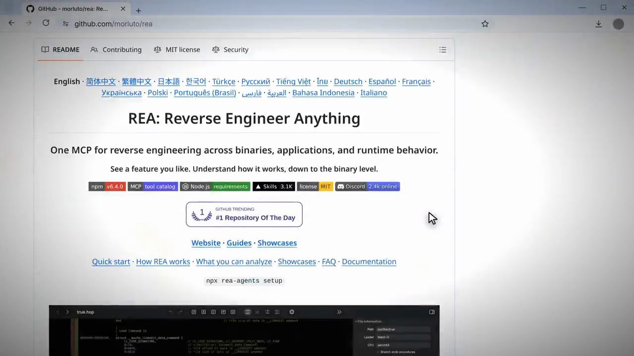 Trang README của repo morluto/rea trên GitHub với tiêu đề REA: Reverse Engineer Anything