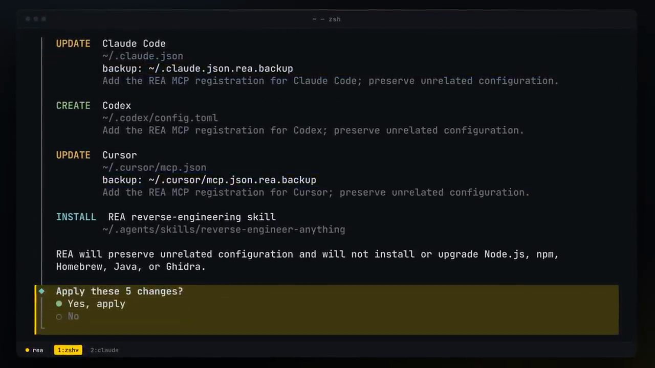 Terminal liệt kê năm thay đổi của REA setup và câu hỏi Apply these 5 changes