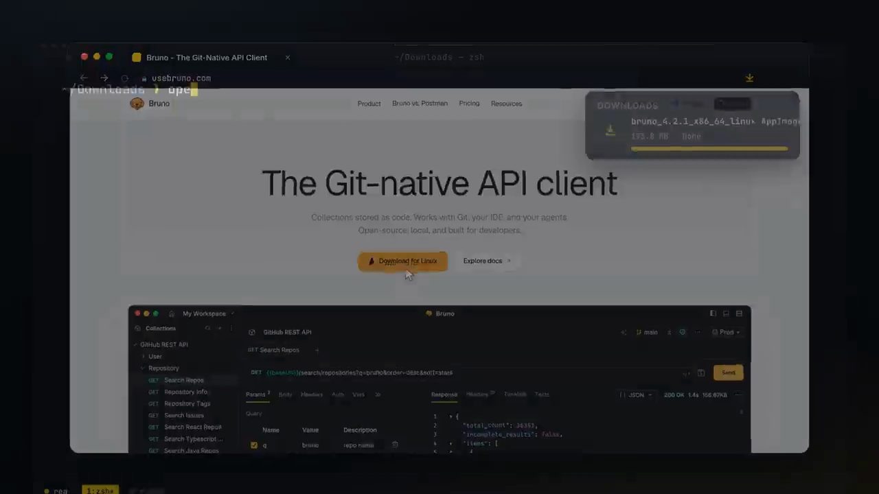 Trang chủ Bruno The Git-native API client, đang tải bản Linux
