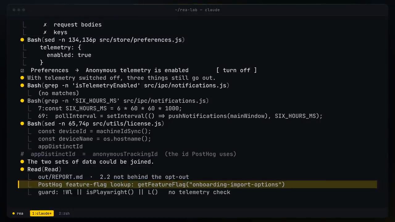 Claude dò code preferences.js, notifications.js và license.js để chứng minh ba thứ vẫn gửi đi khi tắt telemetry