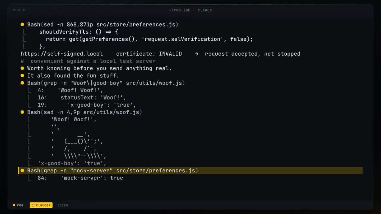 Code woof.js với chuỗi Woof! Woof!, hình chó ASCII và header x-good-boy