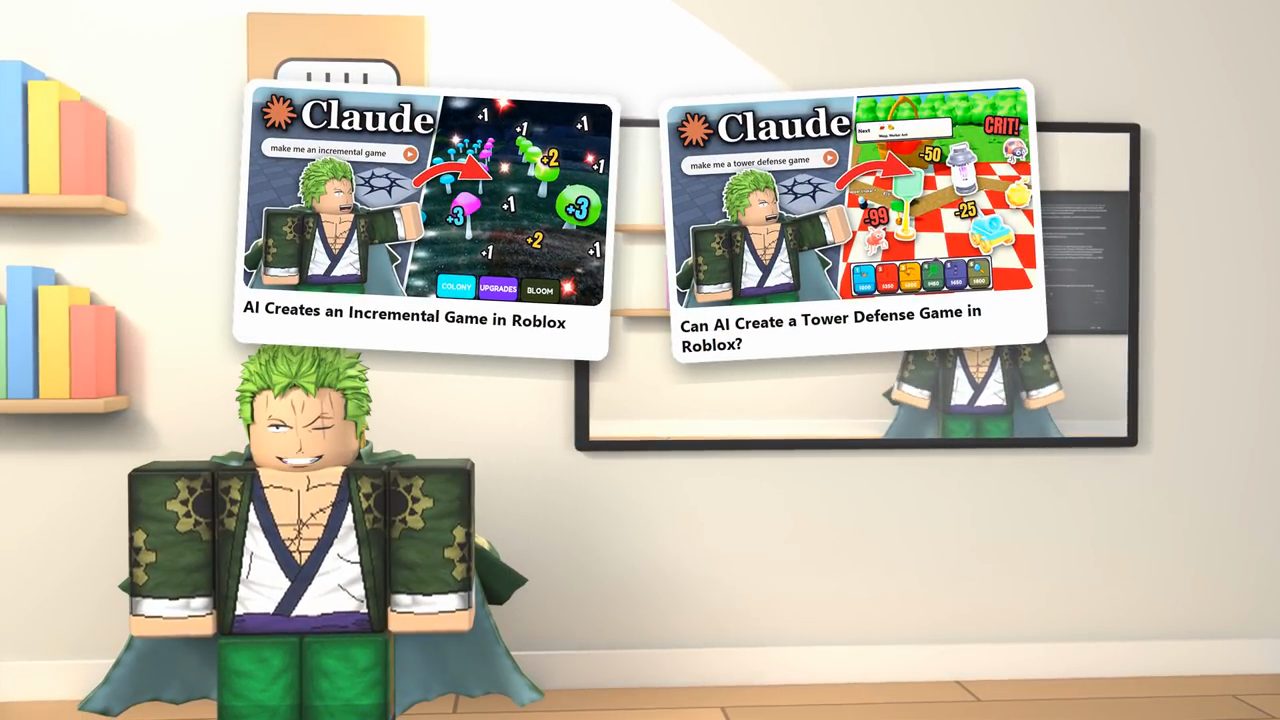 Nhân vật Roblox của SyphoDev đứng trước hai thumbnail video cũ của kênh