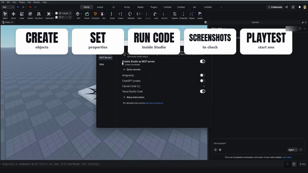 Roblox Studio với năm thẻ create, set, run code, screenshots, playtest