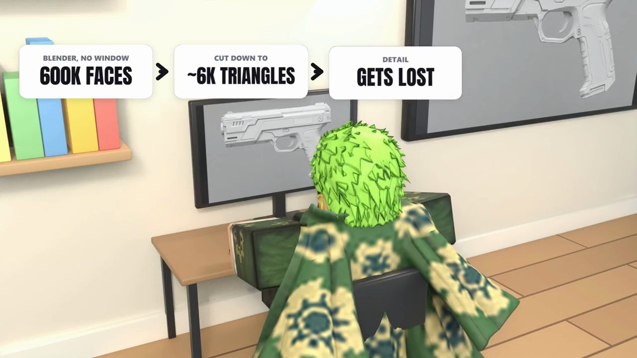 Ba thẻ 600K faces, khoảng 6K triangles, detail gets lost trước màn hình có model khẩu súng