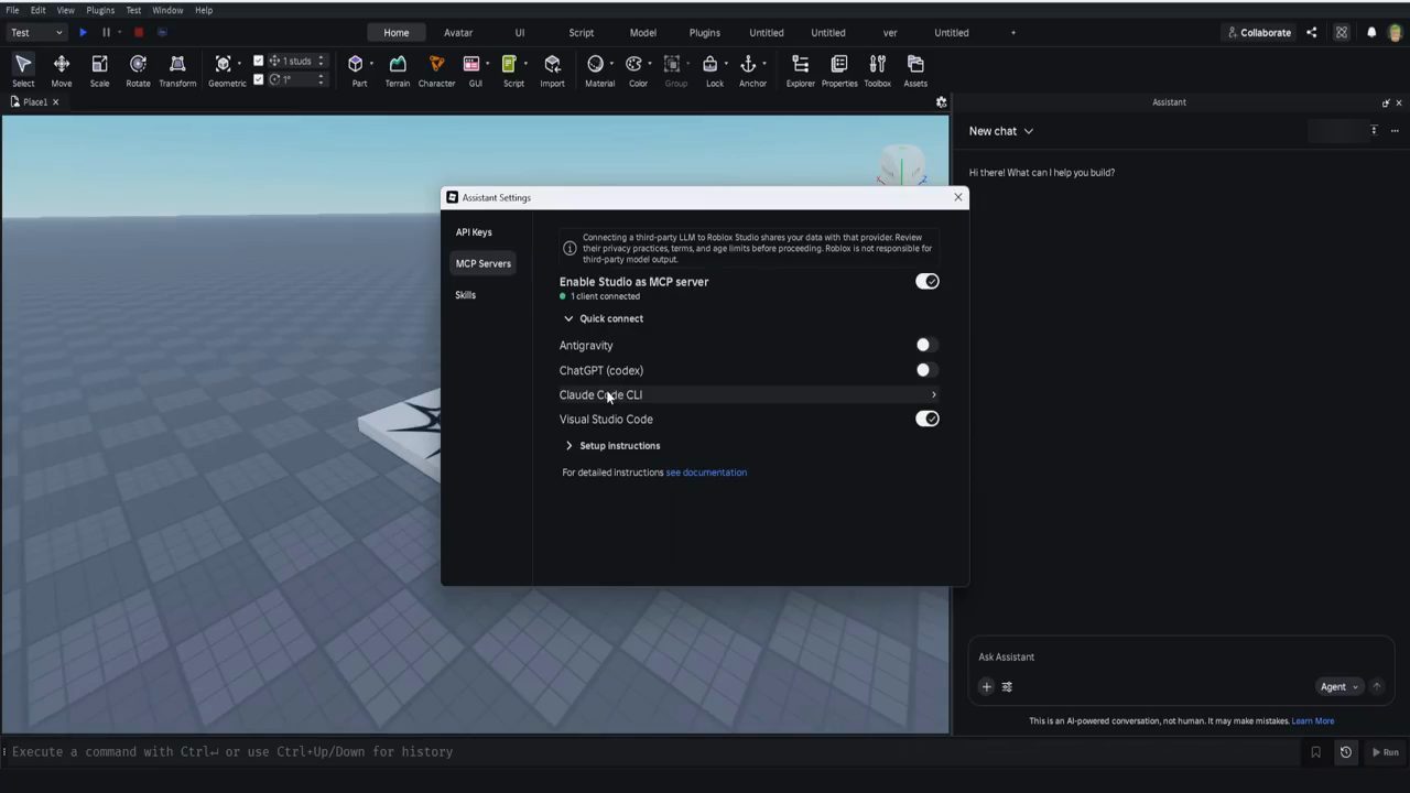 Hộp thoại Assistant Settings của Roblox Studio, mục MCP Servers, con trỏ ở Claude Code CLI