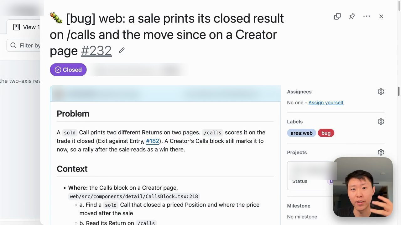 Một GitHub issue loại bug đã đóng, có phần Problem và Context