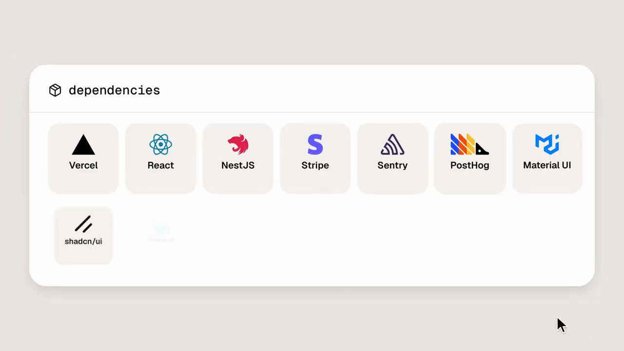Thẻ dependencies với Vercel, React, NestJS, Stripe, Sentry, PostHog, Material UI, shadcn/ui