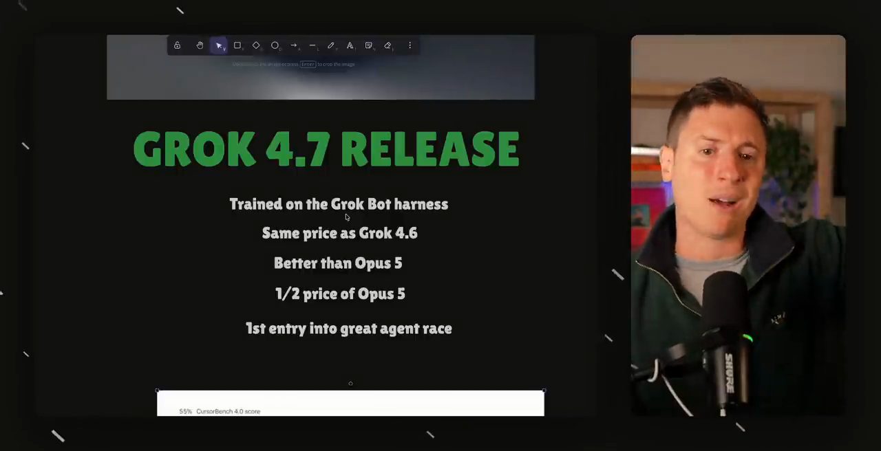 Slide GROK 4.7 RELEASE với năm dòng ý chính, bên phải là Alex Finn